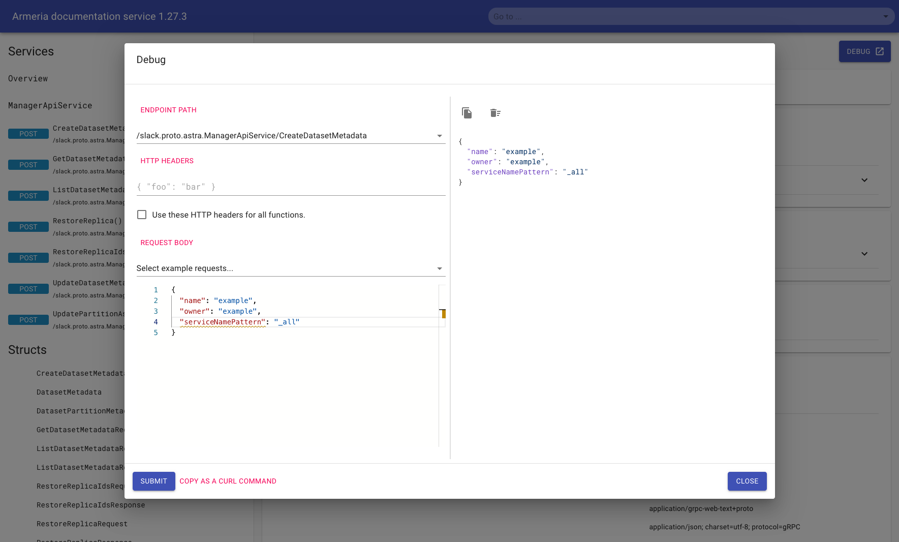 Example after submitting a DocService request