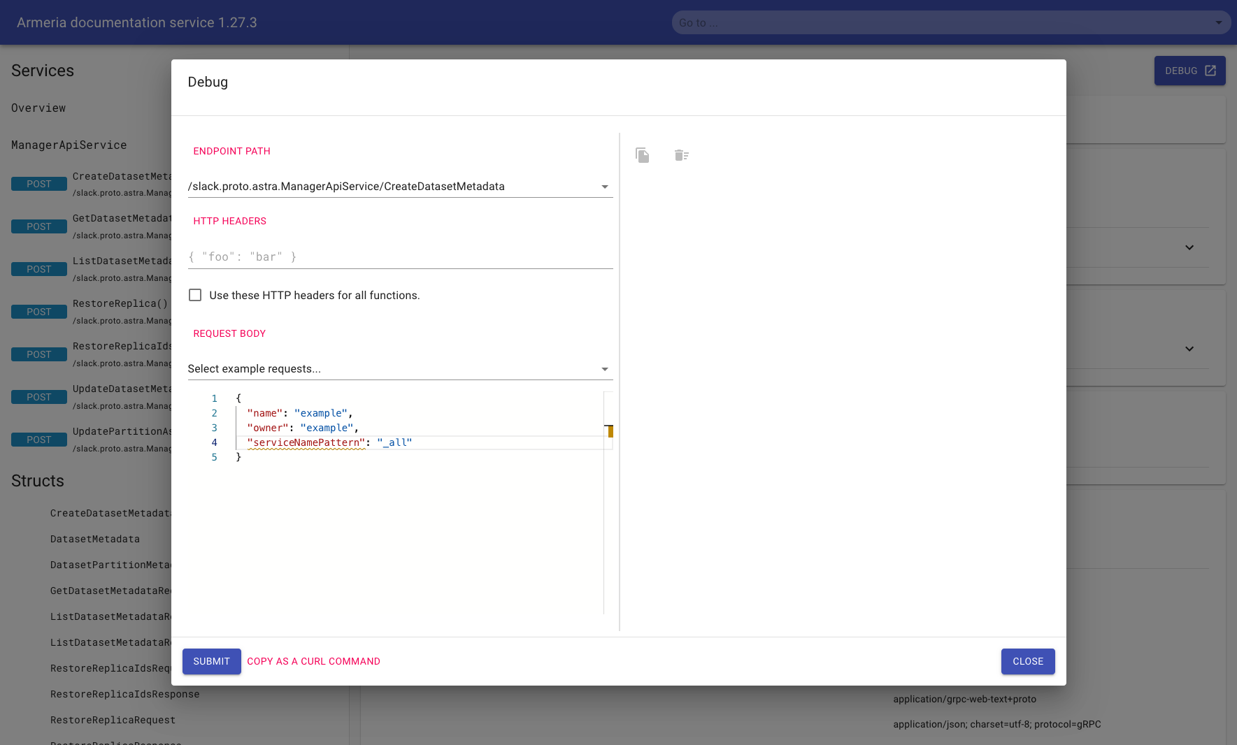 Example before submitting a DocService request
